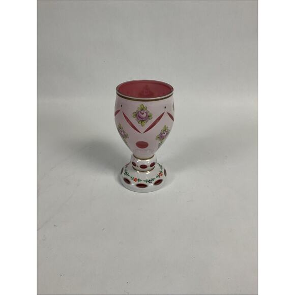 Vintage 1930’s Bohemian Cranberry White Overlay Floral Glass - 6.5"H - Picture 1 of 5